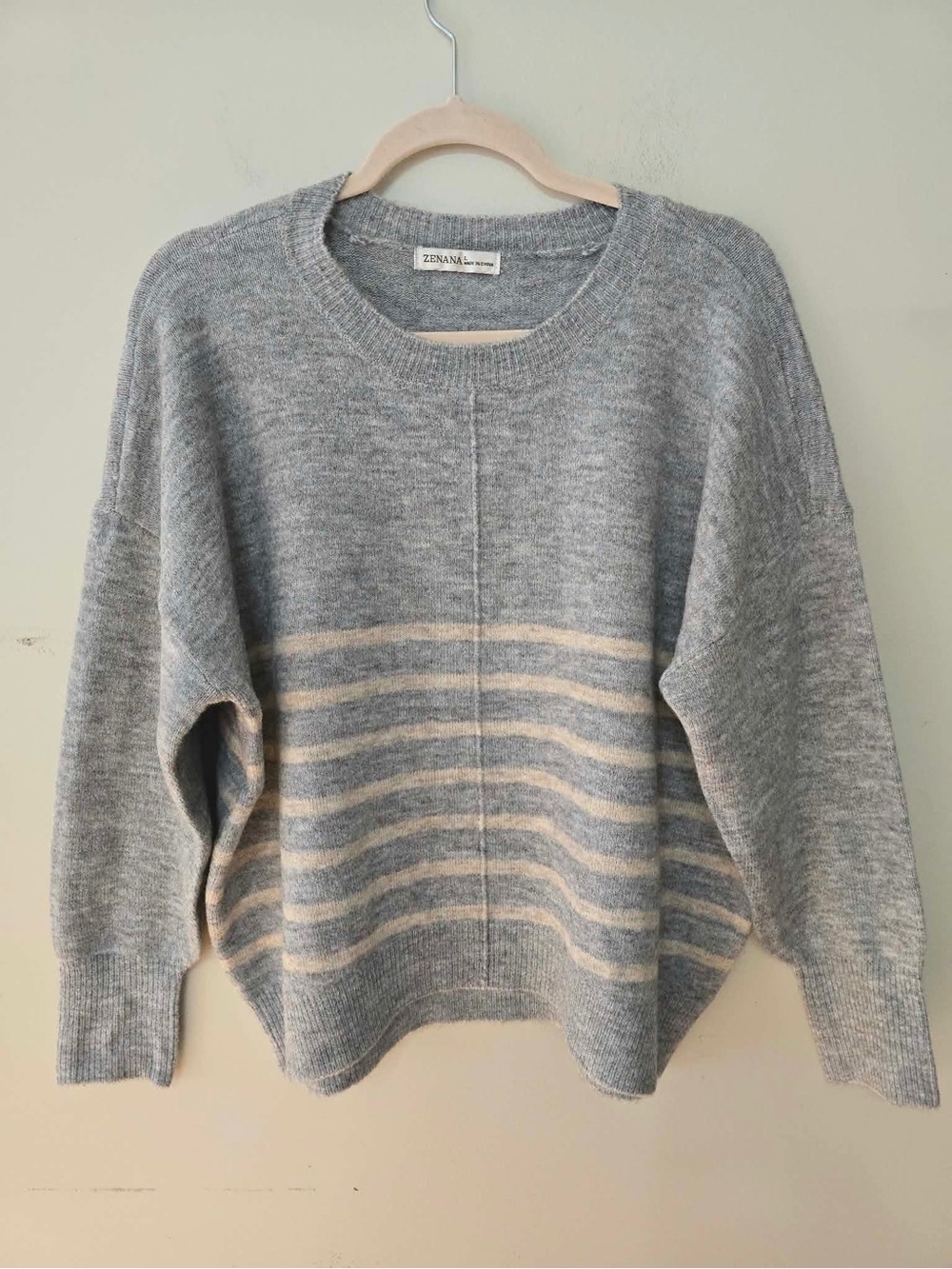 Zenana Outfitters Light Gray and Cream Striped Crewneck Sweater